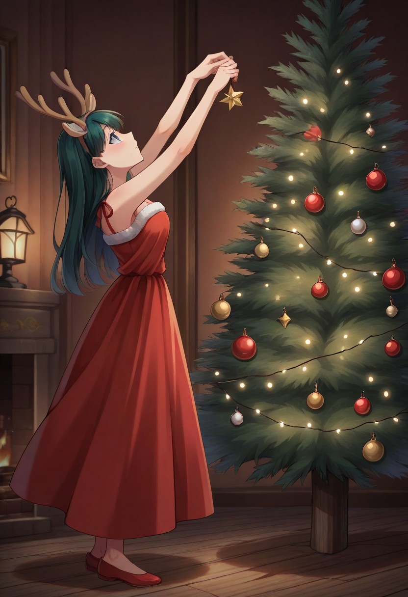 score_9, score_8_up, score_7_up, detailed face, detailed eyes, 1girl, solo, chr1stm4s, decorating, christmas ornaments, christmas tree, christmas, christmas lights, room,  christmas bauble, holding, red chirstmas dress, sideview, arms up, looking up, full body shot, fake deer horns,