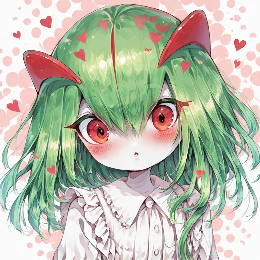 score_9, score_8_up, score_7_up, 1girl, solo,
kirlia \(pokemon\), shiny kirlia, red eyes, white skin, (green hair:1.2), :o, parted lips, blush, looking at viewer, upper body, hearts, polka dot background, white blouse, frills, cute dress.