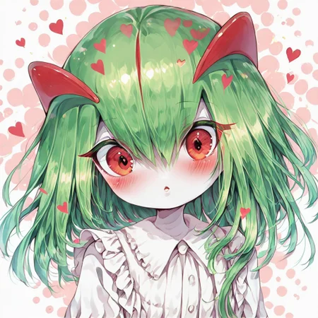score_9, score_8_up, score_7_up, 1girl, solo,
kirlia \(pokemon\), shiny kirlia, red eyes, white skin, (green hair:1.2), :o, parted lips, blush, looking at viewer, upper body, hearts, polka dot background, white blouse, frills, cute dress.