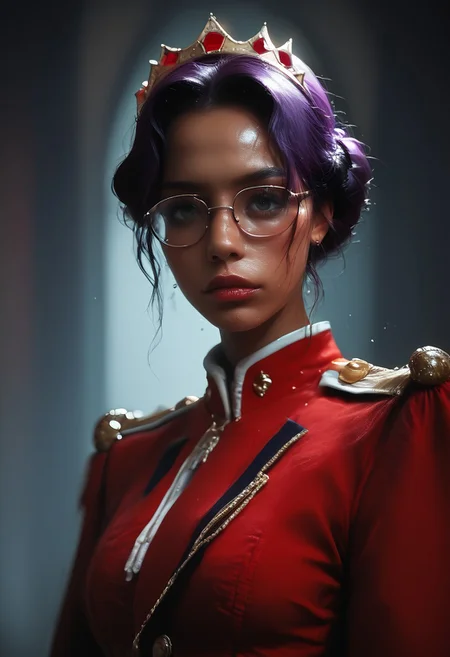 score_9, score_8_up, score_7_up, score_6_up, close shot, photo, realistic face, pretty face, 1girl, Anthy, Crown, (dark skin:1.2), purple hair, Glasses, Red dress, long dress, epaulettes, aiguillette, skin texture, moist skin, pores, dynamic lighting, detailed shadows, marble gothic palace, dim light), ExpresHGothicNeonIncase