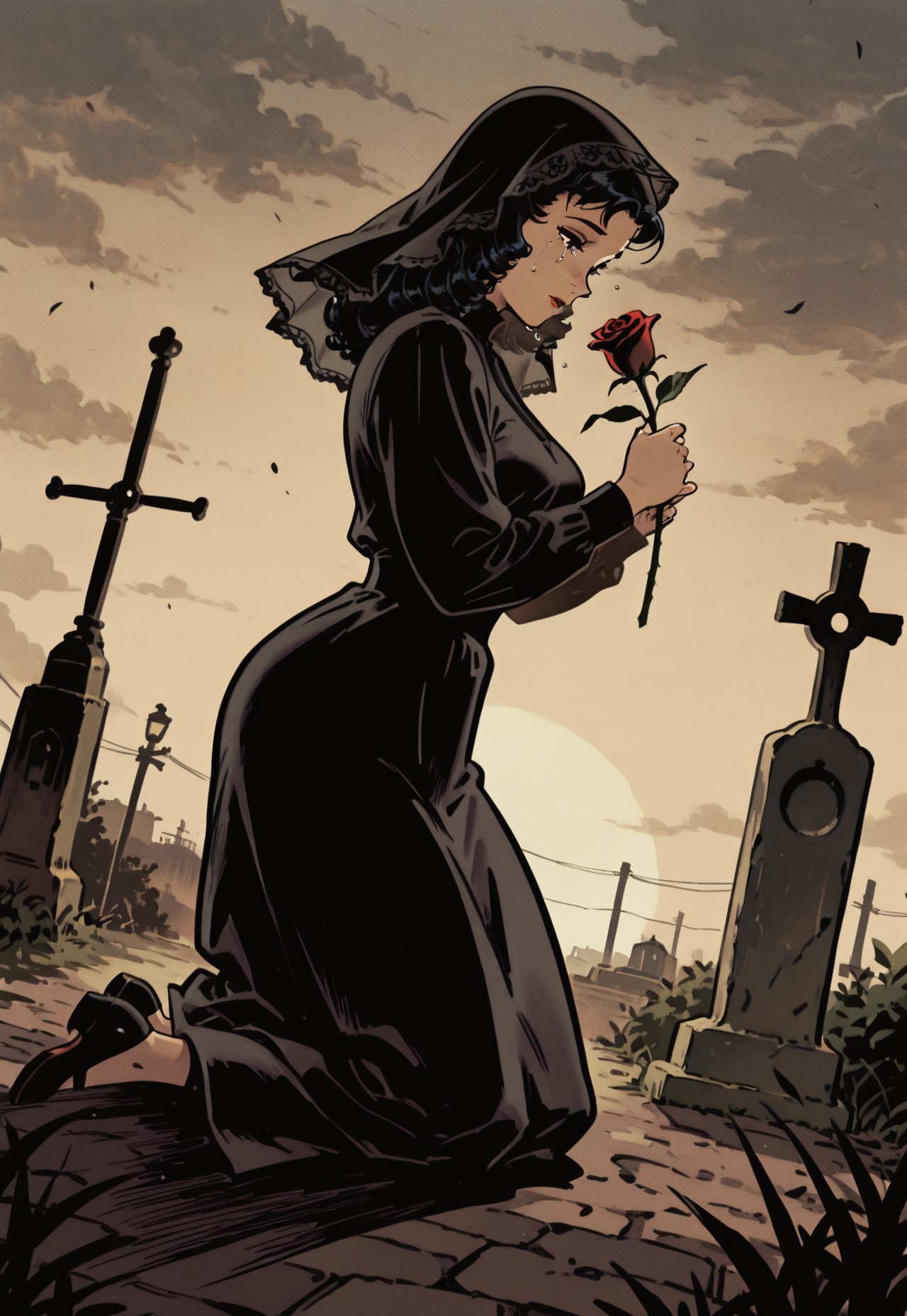 1woman, solo, 1940s widow, curly black hair, black veil, retro modest dress, BREAK,

three-quarters angle, from the side, dramatic angle, kneeling at a gravestone, (holding a single rose, tearful expression, tears, crying:1.3), looking down, BREAK,

(outdoors, 1940s cemetery:1.2), dramatic overcast sky, misty atmosphere, BREAK,

vintage romance comic, muted colors, neutral palette, sepia tones, ink crosshatching, official style, original art style, (safe_pos, fine texture, masterpiece, ultra-detailed, very aesthetic, absurdres, volumetric lighting, scenery), BREAK.
