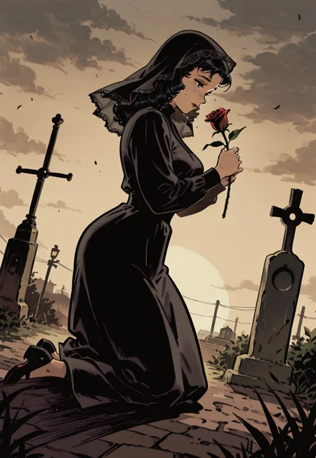 1woman, solo, 1940s widow, curly black hair, black veil, retro modest dress, BREAK,
three-quarters angle, from the side, dramatic angle, kneeling at a gravestone, (holding a single rose, tearful expression, tears, crying:1.3), looking down, BREAK,
(outdoors, 1940s cemetery:1.2), dramatic overcast sky, misty atmosphere, BREAK,
vintage romance comic, muted colors, neutral palette, sepia tones, ink crosshatching, official style, original art style, (safe_pos, fine texture, masterpiece, ultra-detailed, very aesthetic, absurdres, volumetric lighting, scenery), BREAK.