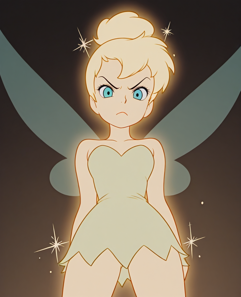(masterpiece), (best quality), absurdres, intricate details, highres,  <lora:Tinker_Bell_ILLUS:1>, tb1, 1girl, blue eyes, blonde hair, dress, wings, strapless, fairy wings, fairy, glowing, looking at viewer, angry, dynamic pose, closed mouth, from below, cowboy shot,