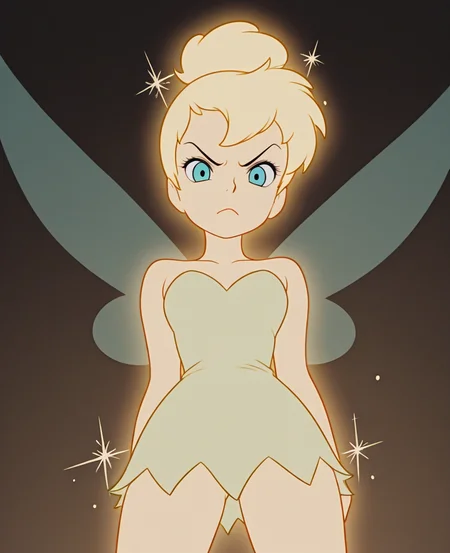 (masterpiece), (best quality), absurdres, intricate details, highres, <lora:Tinker_Bell_ILLUS:1>, tb1, 1girl, blue eyes, blonde hair, dress, wings, strapless, fairy wings, fairy, glowing, looking at viewer, angry, dynamic pose, closed mouth, from below, cowboy shot,