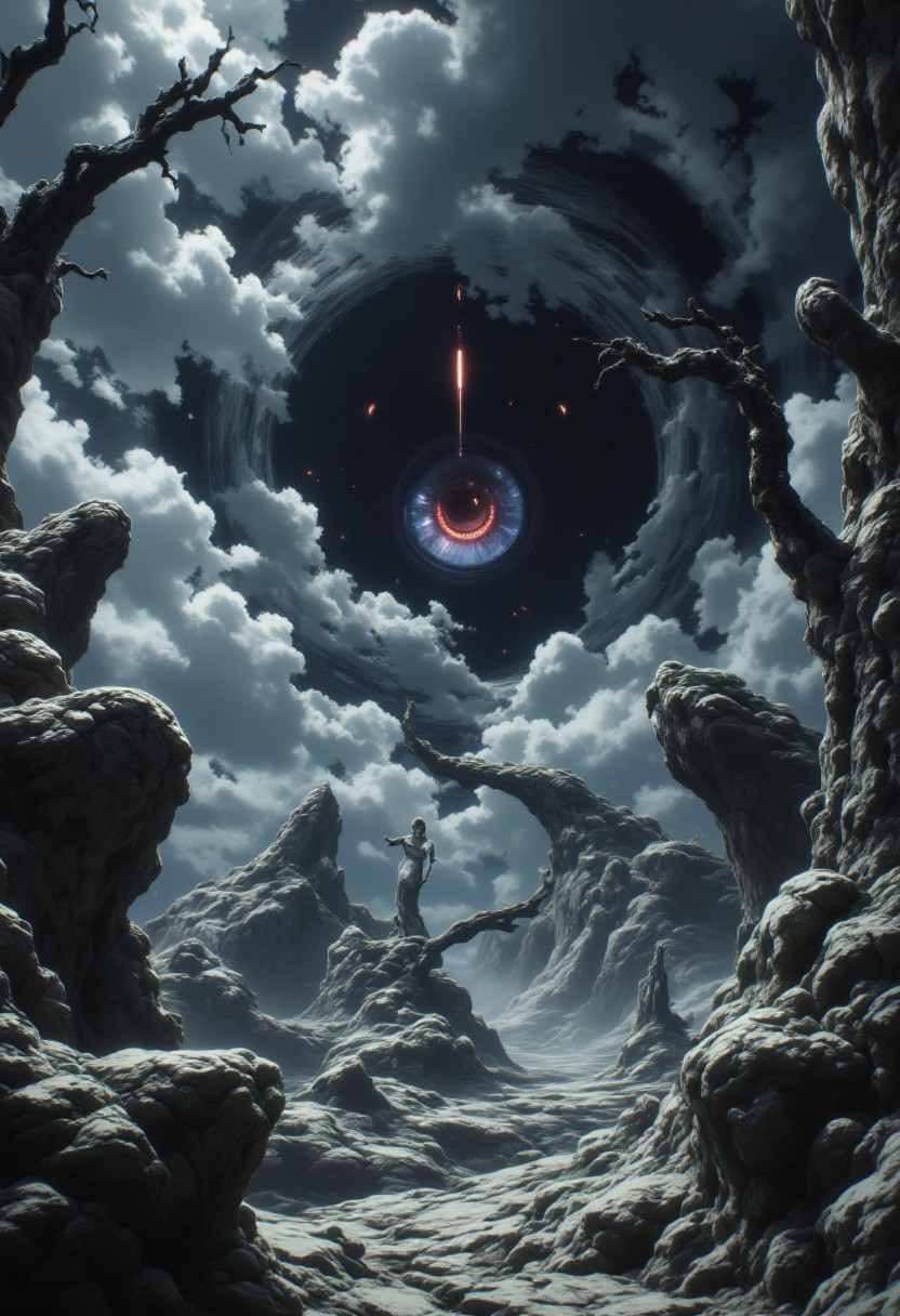 Whispers from the Abyss: A Jinju Ito-inspired surrealist masterpiece featuring a dreamlike landscape with melting clock mechanisms (1.5x magnified) suspended amidst floating islands of eerie grey mist. The sky twists into an Uzumaki-like vortex, where a gargantuan eye pierces through the darkness, radiating an otherworldly glow. Black, white, and grey hues dominate the composition, punctuated by intricate details that defy reality.
FADOOSTYLEV2, aidmafluxpro1.1