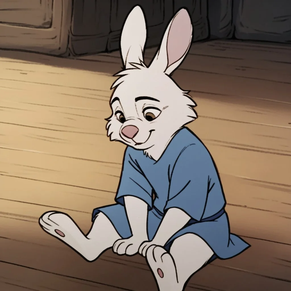 score_9, score_8_up, score_7_up, score_6_up, score_5_up, score_4_up, source_furry, skippyRH, semi-anthro, male, rabbit, white fur, blue tunic, sitting, on the floor, inside