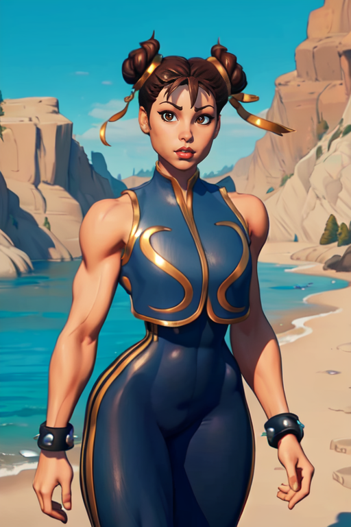 masterpiece,best quality,extreme detail,8k,<lora:chunlifn:0.8>,chunlifn2,1girl,solo,short hair,brown hair,ribbon,brown eyes,jewelry,hair ribbon,outdoors,sleeveless,hair bun,vest,bracelet,double bun,bodysuit,spikes,spiked bracelet,unitard,studded bracelet,