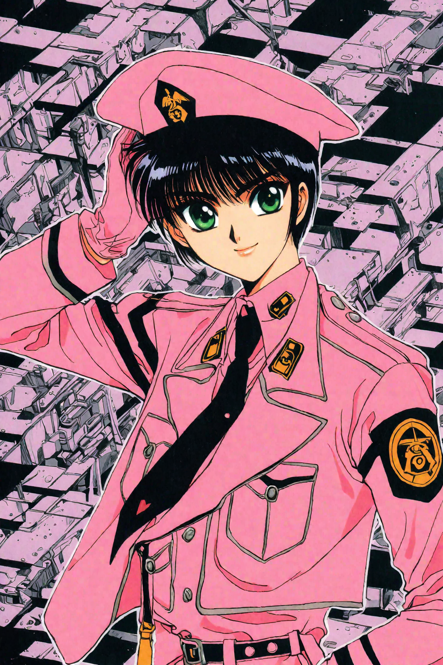 Tokyo Babylon,
Hokuto Sumeragi,solo,1girl,hat,uniform,black hair,gloves,green eyes,short hair,necktie,retro artstyle,military,military uniform,smile,pink theme,1990s (style),pink gloves,traditional media,
<lora:CLAMP_XL:0.8>,