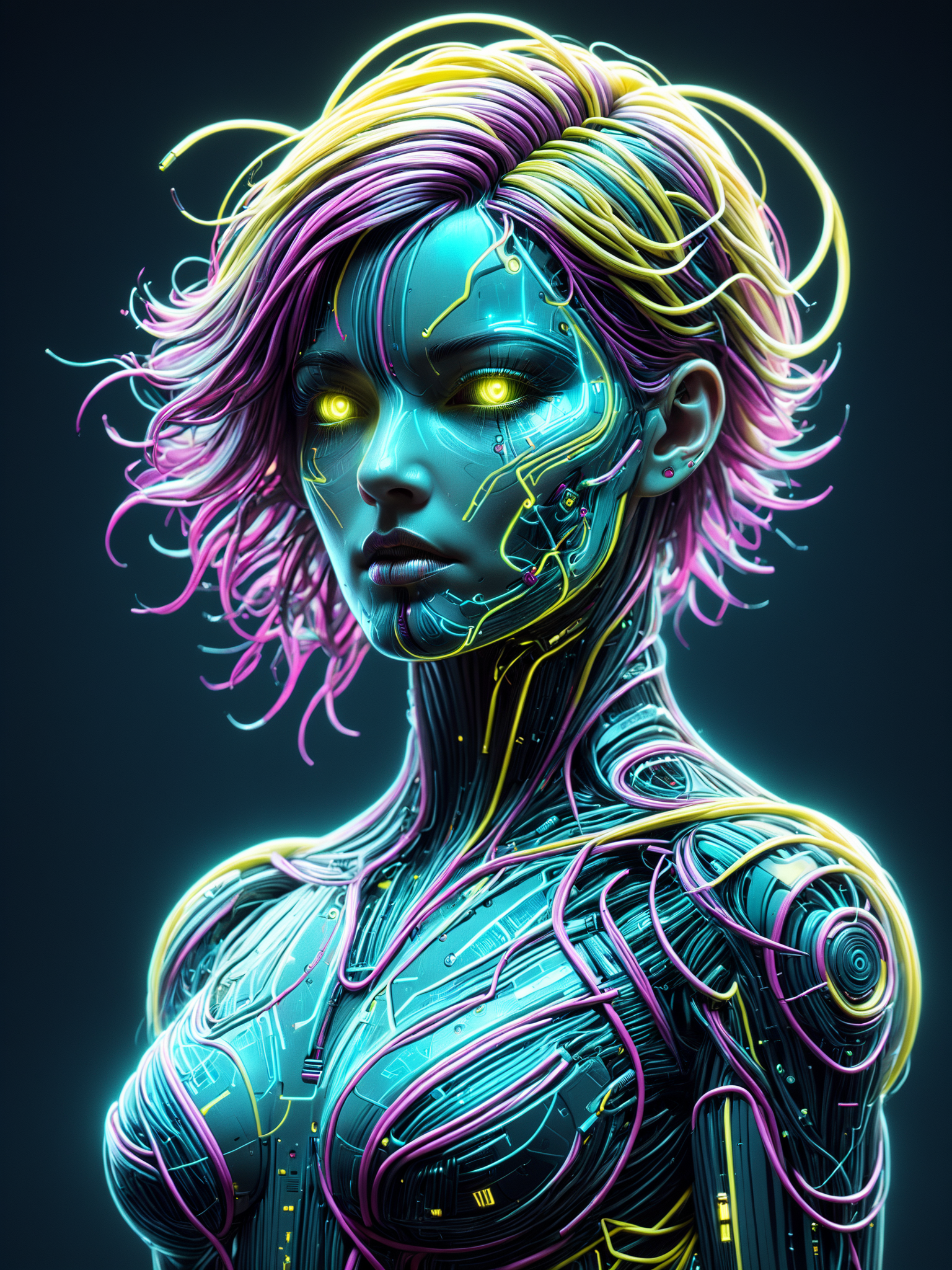 female cyborg made of mad-cable,  in the style of alphonse mucha, geometric pattern in the background, neon yellow lightning, neon teal lightning, neon magenta lightning, cables, wires, synthwave, vaporwave, retro futurism, circuitboard, dark futuristic <lora:Dark_Futuristic_Circuit_Boards:0.6>    <lora:Cables_SDXL:0.8>  <lora:Neon_Cyberpunk_SDXL_Cyberspace:0.5> mad-cyberspace, cyberpunk, scifi, 1980s, retro <lora:aesthetic:1> aesthetic <lora:sd_xl_dpo_lora_v1:1>, (masterpiece:1.2), best quality, (hyperdetailed, highest detailed:1.2), high resolution textures