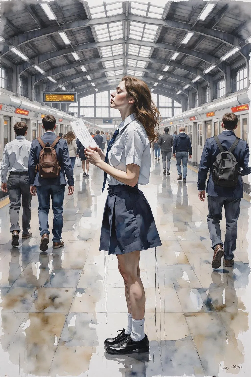 yawc1 watercolor.
Profile of a high school student in uniform, white socks and black shoes, standing in the middle of a train station, holding two acceptance letters--one for a local college and the other for an overseas university. The station is bustling with people moving in every direction, while she stands still, eyes closed, taking a deep breath as she tries to decide which future to follow <lora:Flux-Sch-SingleBlocks-BF16:1.0> <lora:yawcolor_nocap_d4a2:1.0><lora:799019128867293782:0>