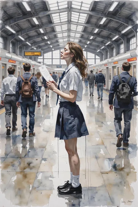 yawc1 watercolor.
Profile of a high school student in uniform, white socks and black shoes, standing in the middle of a train station, holding two acceptance letters--one for a local college and the other for an overseas university. The station is bustling with people moving in every direction, while she stands still, eyes closed, taking a deep breath as she tries to decide which future to follow <lora:Flux-Sch-SingleBlocks-BF16:1.0> <lora:yawcolor_nocap_d4a2:1.0><lora:799019128867293782:0>