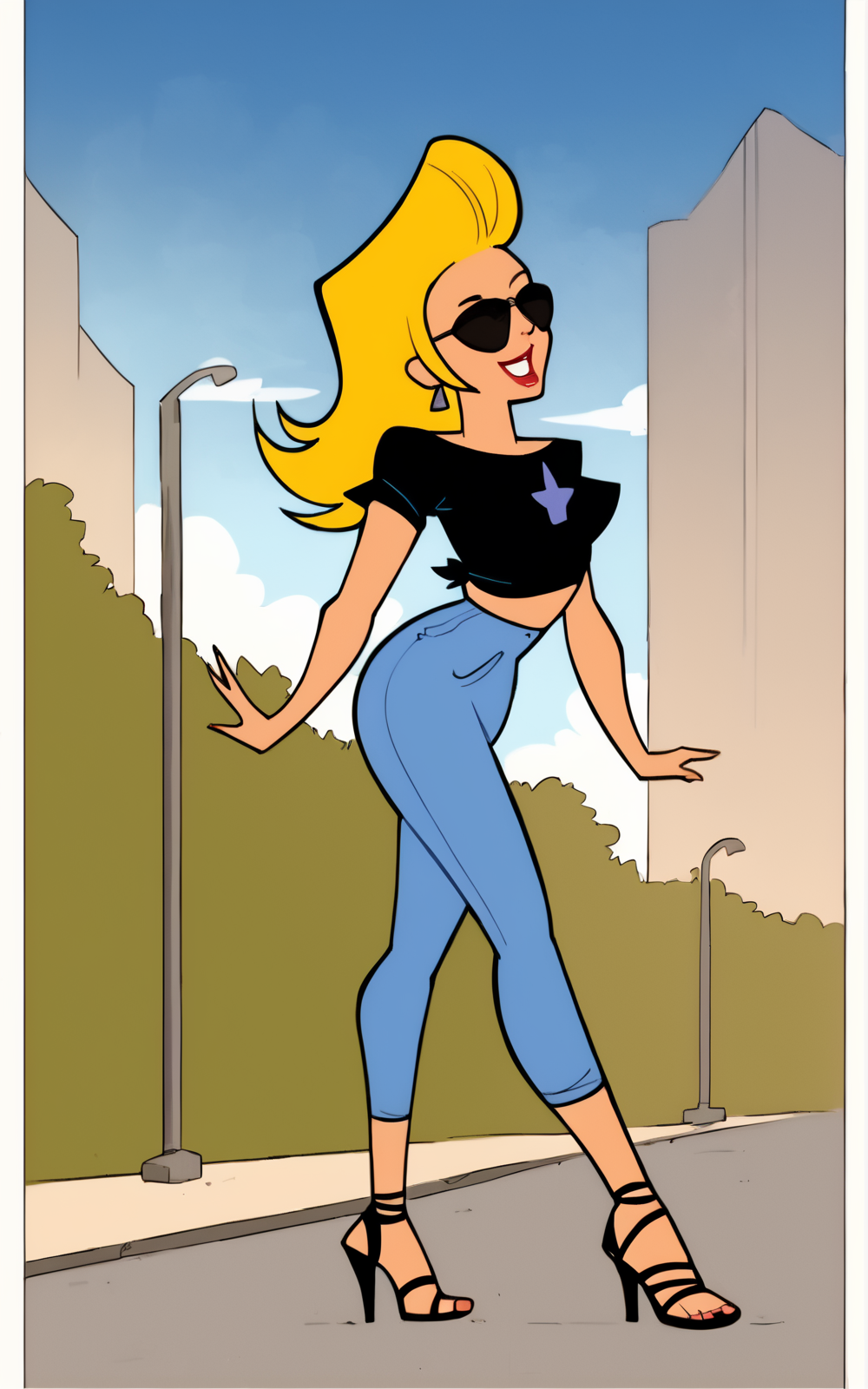 score_9, score_8_up, score_7_up,((best quality)), absurdres, ((full body)), <lora:3d-2d:0.8>,   <lora:JennyBravoPXL:1>,JennyBravoPXL, long hair,blonde hair, shirt,  midriff, pants, black footwear, high heels, black shirt, sandals, sunglasses, blue pants,lipstick, off-shoulder shirt,solo,pompadour,slim,jeans, walking city, outside