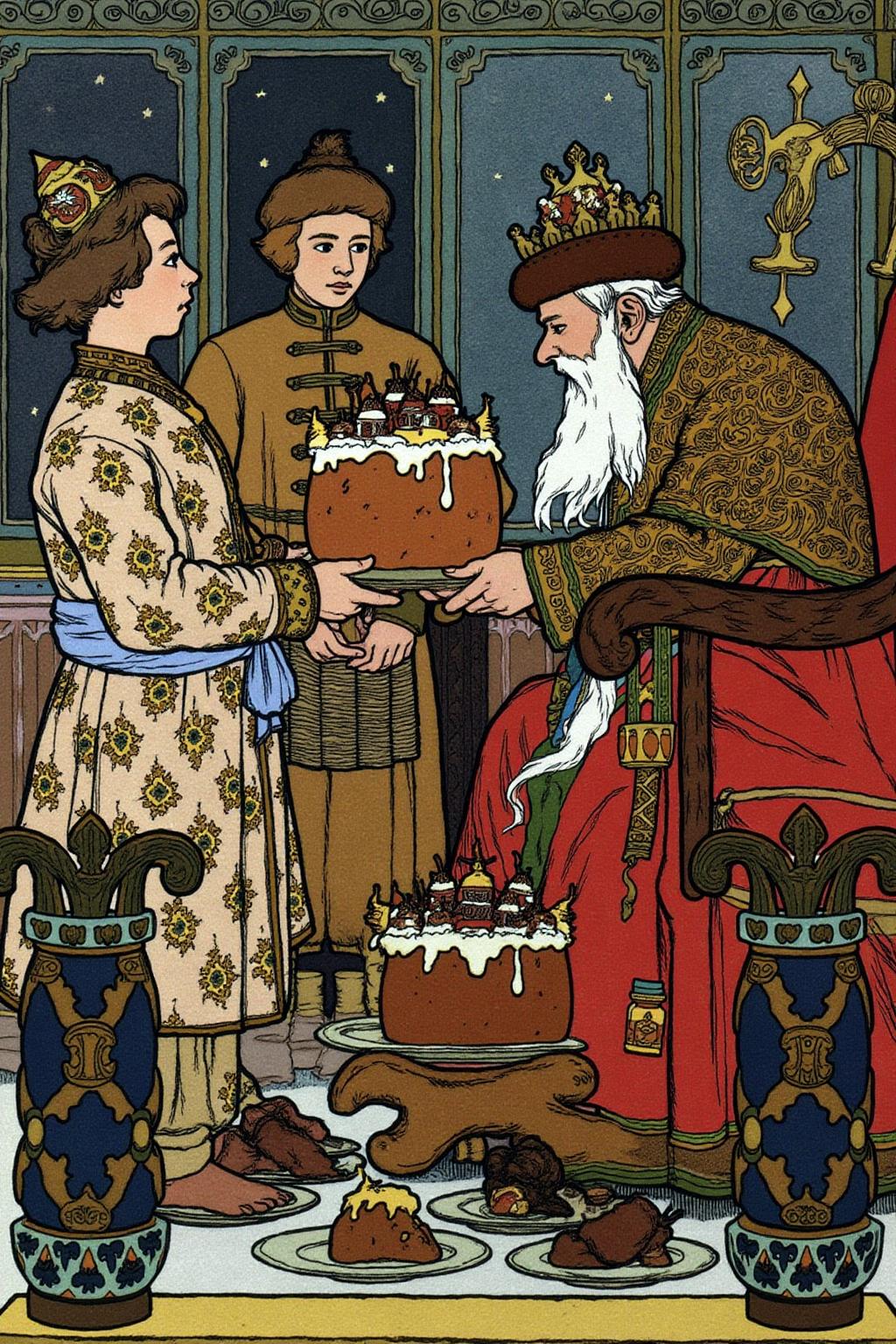 ivanbilibin1 illustration.
A page boy is bringing a richly decorated cake to a Russian king sitting on his throne. They are wearing medieval Russian clothing. <lora:ivanbilibin2_cap_d6a3e11:1.0><lora:857308690900848428:0>