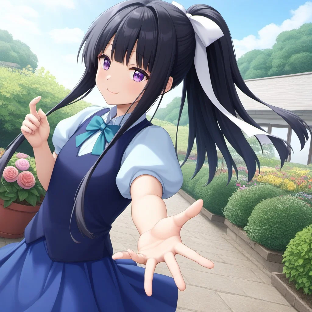 masterpiece,best quality,good quality,newest,
outdoors,day,garden,cloud,flower,
smile,closed mouth,
looking at viewer,
solo,
anime coloring,
kikushita_kotora_(volume7),1girl,black hair,ponytail,long locks,hair ribbon,purple eyes,
light blue shirt,puffy_sleeves,short_sleeves,bowtie,blue vest,
blue skirt,miniskirt,
black_thighhighs,
standing,reaching toward,dutch angle,