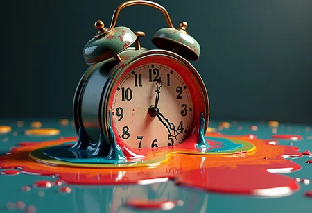 A surreal, highly detailed 3D artwork featuring a classic clock melting into a vibrant pool of paint. The clock face is half-submerged, with the liquid paint seamlessly blending into its structure, creating an illusion of time dissolving. The hands of the clock are twisted and drooping, as if succumbing to the fluidity. The color palette is bold and striking, with rich, saturated hues in the paint contrasted against the antique, weathered clock. The lighting is dramatic, casting deep shadows that enhance the melting effect, evoking a sense of time's ephemeral nature.