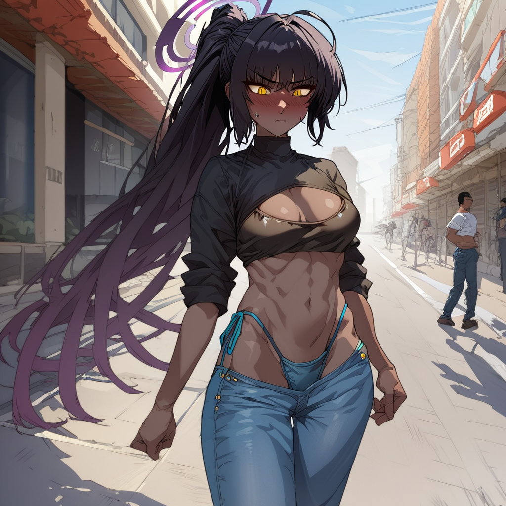 score_9, score_8_up, score_7_up, source_anime, expressive, anime, Artist speedlines, dynamic, 1woman, (Karin_(Blue Archive)), (dark-skinned_female:1.2), yellow eyes, meme_attire, (bikini_jeans:1.0), pants, panties, side-tie panties, highleg_bikini, clothing cutout, denim, lowleg_pants, denim_bikini,blush, blushing, embarrassed,  outdoors, urban, sunlight, light filtering,