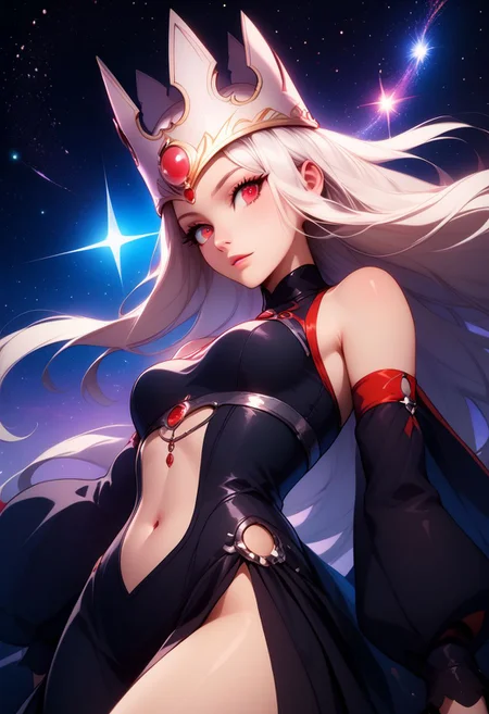 score_9, score_8_up, score_8, medium breasts, (curvy), cute, eyelashes, rating_safe,
BREAK,
zzirisviel, white hair, red eyes,
long hair, black dress, navel, bare shoulders, detached sleeves, crown,
BREAK,
dynamic angle, stars, floating, colorful, pink, blue eyes, black bow, from side, on back, spaceship, technological,
zPDXL,