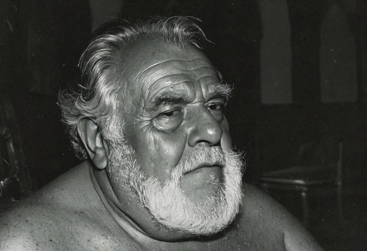 grainy nighttime lowlight photograph, dark room,
masterpiece, 4k, solo, alone, 
tall old hairy tanned grandpa with hairy chest, bullish chubby face with doublechin, face portrait, bushy eyebrows,
father, vater, uncle, onkel, stepdad, stiefvater, grandpa, opa,
gentle charming expression, romantic, intimate, 
sitting in a chair in a dark cloister chapel,
