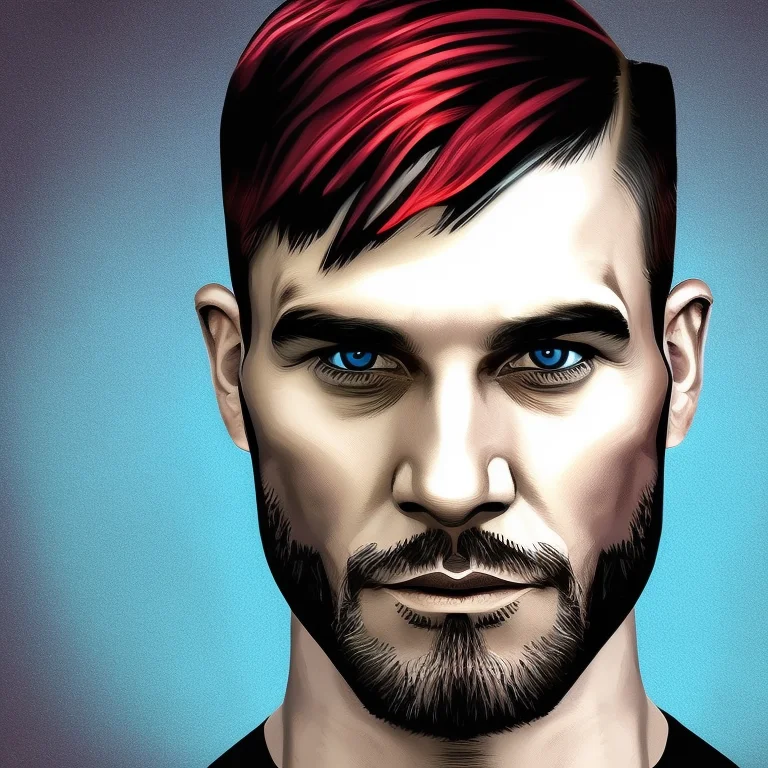 dskyart1, digital art, duskfall crew style, comic book style, flat colors, digital colors, portrait, a man with black and red hair, stubble, blue eyes, blue cyberpunk shirt, looking at the camera, very detailed faces, dskyart1
