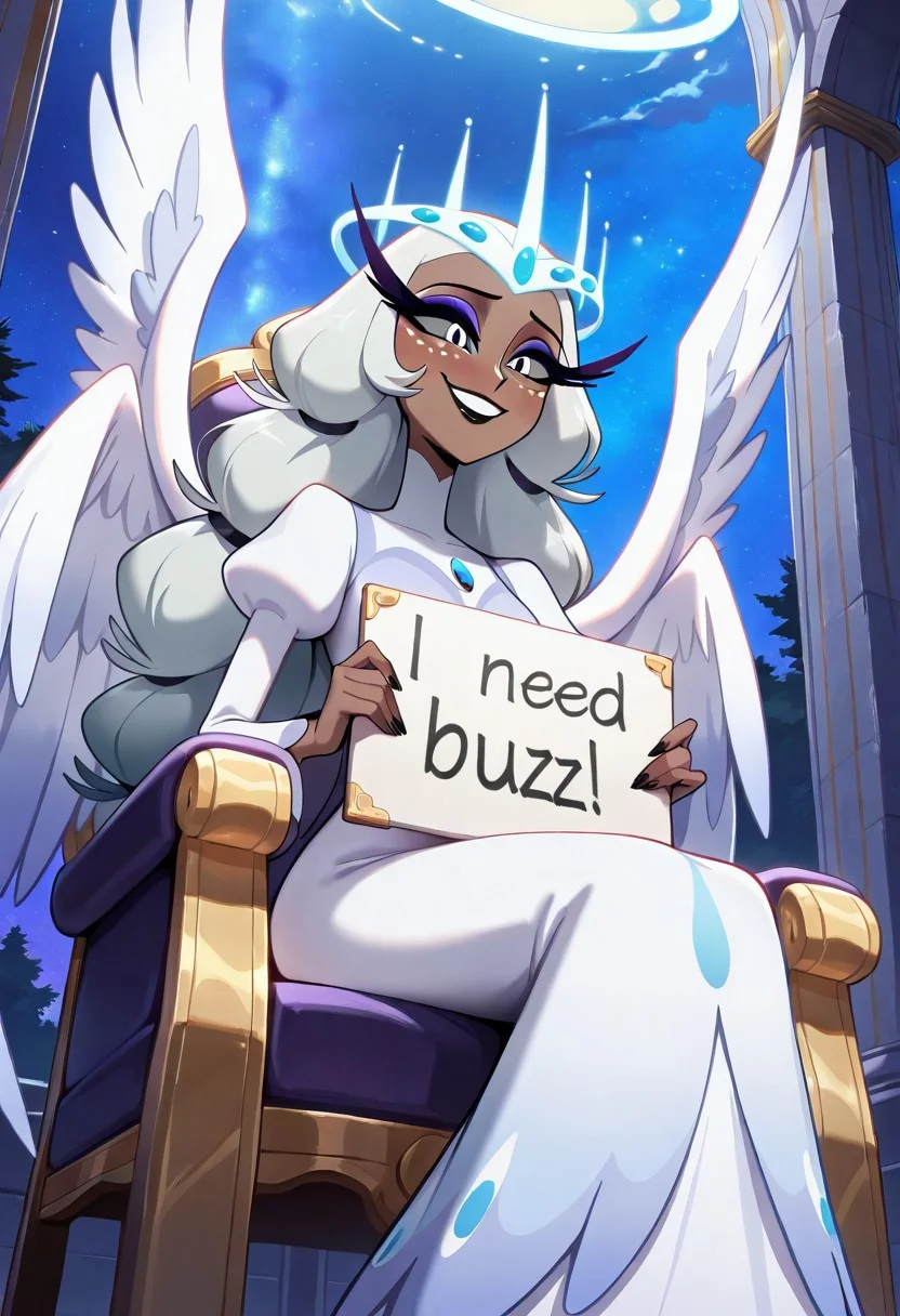 score_9, score_8_up, score_7_up, masterpiece, best quality, amazing quality, extremely detailed, absurdres, adult, mature, 1girl, sera \(hazbin hotel\), sera, dark skin, colored skin, freckles, white freckles, long eyelashes, makeup, black lips, grey sclera, colored sclera, dark purple pupils, white hair, long hair, halo, glowing halo, wings, angel wings, white dress, turtleneck dress, juliet sleeves, long sleeves, solo, night, moonlight, sitting on throne in heaven, wonderful huge palace in heaven, view from below, holding sign, "I need buzz!" is written on the sign, need_buzz, smile, highly detailed, soft colors.