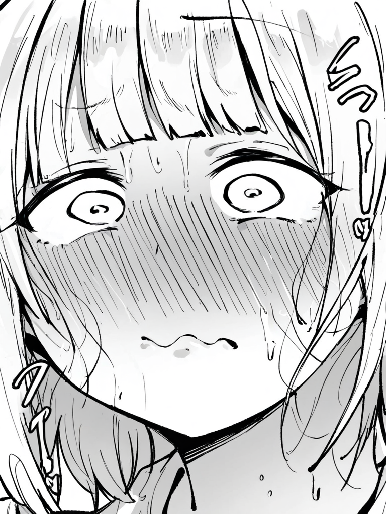 score_9, score_8_up, score_7_up,  
1girl, monochrome, white hair, blunt bangs, medium hair, face, close-up, nose blush, sweat, wavy mouth, closed mouth, wide-eyed, white eyes,




