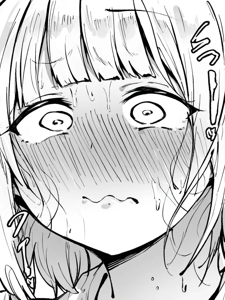 score_9, score_8_up, score_7_up,  
1girl, monochrome, white hair, blunt bangs, medium hair, face, close-up, nose blush, sweat, wavy mouth, closed mouth, wide-eyed, white eyes,



