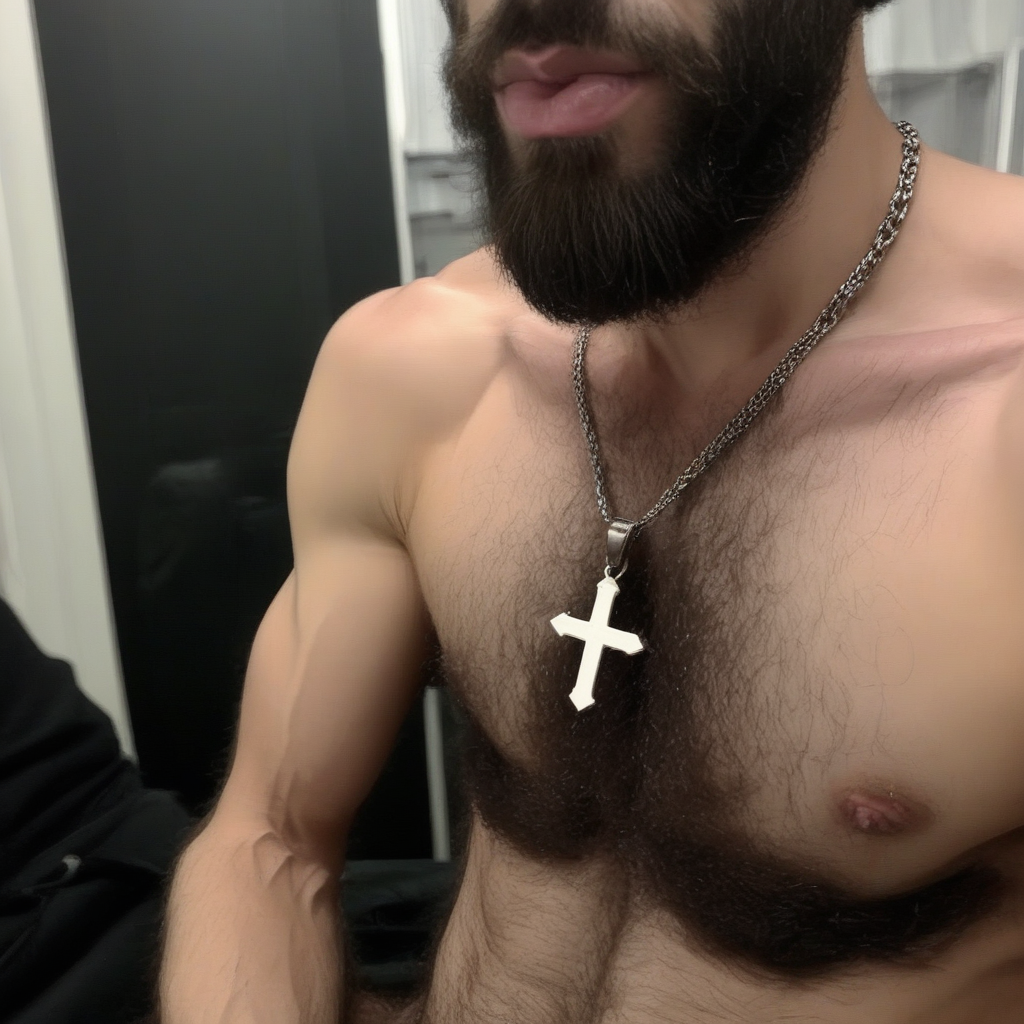 cross, necklace, male focus, nipples, male pubic hair, beard, navel hair, muscle, penis, skinny, lean, hairy,