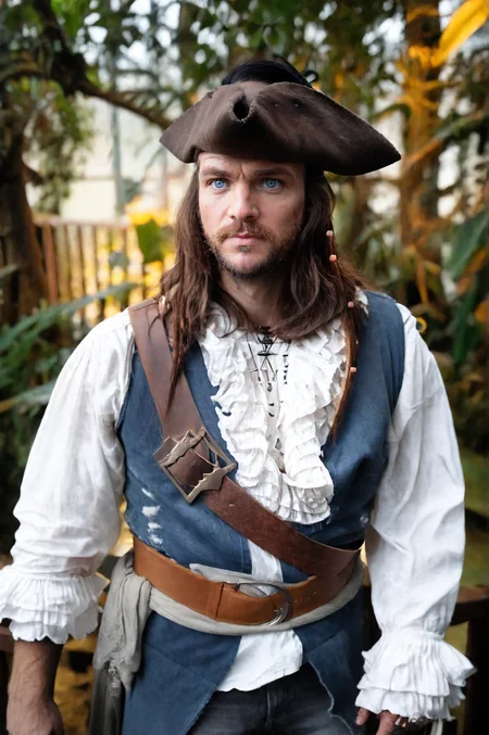 cinematic photo ,Piraten Man, perfekt Face skin, blue eyes,  vignette, 4k epic detailed, shot on kodak, 35mm photo, sharp focus, high budget, cinemascope, moody, epic, gorgeous, film grain, grainy, . 35mm photograph, film, bokeh, professional, 4k, highly detailed<lora:Piraten:1><lora:Piraten:1><lora:Piraten:1><lora:Piraten:1>