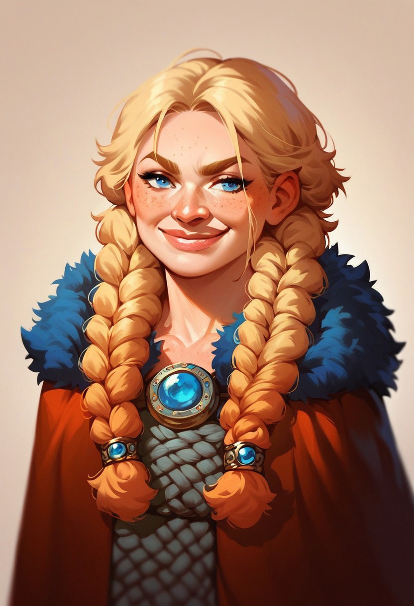 score_9, score_8_up, score_7_up, score_6_up, score_5_up, score_4_up, 1girl, dwarf, freckles, blue eyes, light blonde hair, big braids, big lips, muscles, medium breasts, shortstack, mantel, cape, smirking, portrait