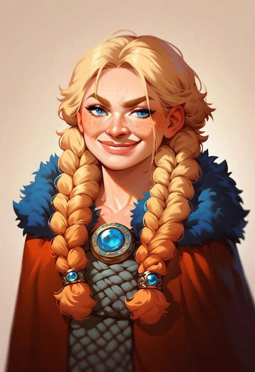 score_9, score_8_up, score_7_up, score_6_up, score_5_up, score_4_up, 1girl, dwarf, freckles, blue eyes, light blonde hair, big braids, big lips, muscles, medium breasts, shortstack, mantel, cape, smirking, portrait