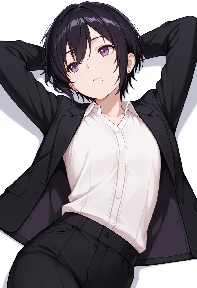 masterpiece,high quality details, absurdres,
lying, hands behind head, knee bent, relaxed, casual, ,
<lora:kuro:0.8> kuro_cnr, 1girl,black hair, short hair, purple eyes, mole under mouth, formal, suit, jacket, white shirt,pants, earrings,androgynous,, 0w0,, simple background, white background, front view,solo,