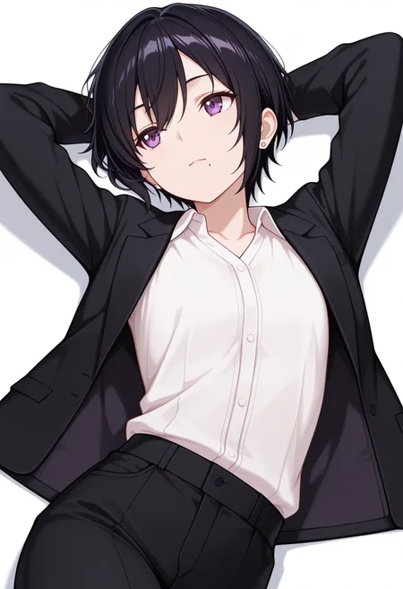 masterpiece,high quality details, absurdres,
lying, hands behind head, knee bent, relaxed, casual, ,
<lora:kuro:0.8> kuro_cnr, 1girl,black hair, short hair, purple eyes, mole under mouth, formal, suit, jacket, white shirt,pants, earrings,androgynous,, 0w0,, simple background, white background, front view,solo,