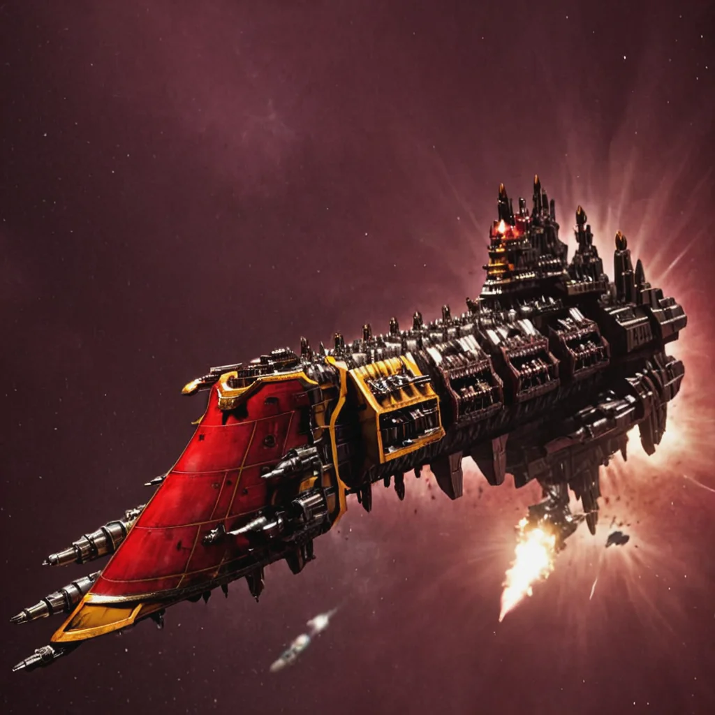 a red and yellow impstarship battleship in space, motion blur, explosions,