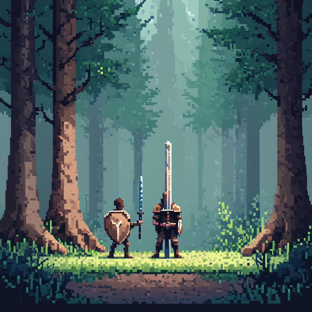 <lora:Pixel_Art_Styles:1>  ArsMJStyle, Pixel Art , LowP, Forest Adventure, The image shows a simple pixel art forest with tall, blocky trees and a lone adventurer standing in the clearing. The trees are made of basic shapes, and the adventurer is a small, pixelated character holding a sword and shield. The color palette is limited, using shades of green and brown to create a minimalist yet charming environment., forest, trees, adventurer, sword, shield, pixelated, low resolution, simple shapes, green, brown, minimalist, charming
