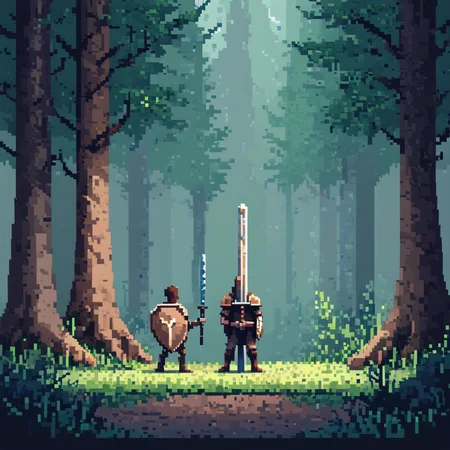 <lora:Pixel_Art_Styles:1> ArsMJStyle, Pixel Art , LowP, Forest Adventure, The image shows a simple pixel art forest with tall, blocky trees and a lone adventurer standing in the clearing. The trees are made of basic shapes, and the adventurer is a small, pixelated character holding a sword and shield. The color palette is limited, using shades of green and brown to create a minimalist yet charming environment., forest, trees, adventurer, sword, shield, pixelated, low resolution, simple shapes, green, brown, minimalist, charming