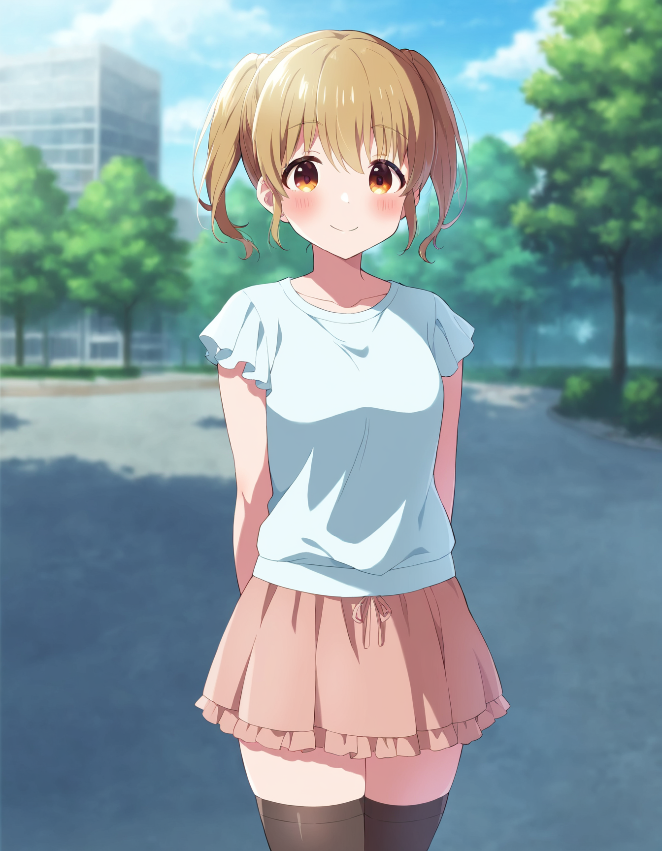 1girl, solo, cowboy shot, kawasaki sakura, idoly pride, casual, plain t-shirt, skirt, thighhighs, standing, arms behind back, looking at viewer, smile, blush, outdoors, park, day, BREAK, <lora:iSakura:0.72>,
very aesthetic, high definition, amazing quality, masterpiece, best quality, highres, absurdres, sensitive, newest, anime screenshot, screencap
