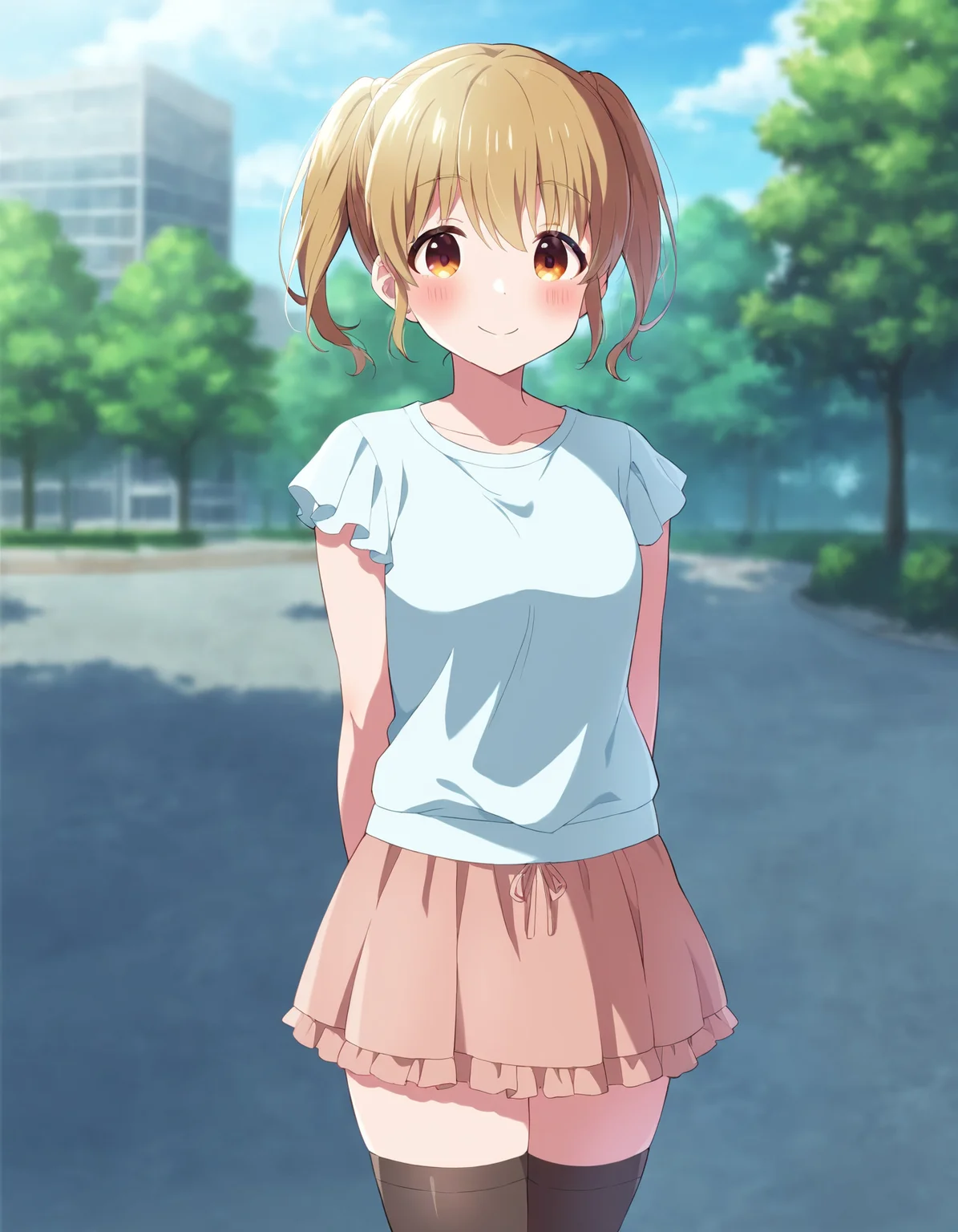 1girl, solo, cowboy shot, kawasaki sakura, idoly pride, casual, plain t-shirt, skirt, thighhighs, standing, arms behind back, looking at viewer, smile, blush, outdoors, park, day, BREAK, <lora:iSakura:0.72>,
very aesthetic, high definition, amazing quality, masterpiece, best quality, highres, absurdres, sensitive, newest, anime screenshot, screencap
