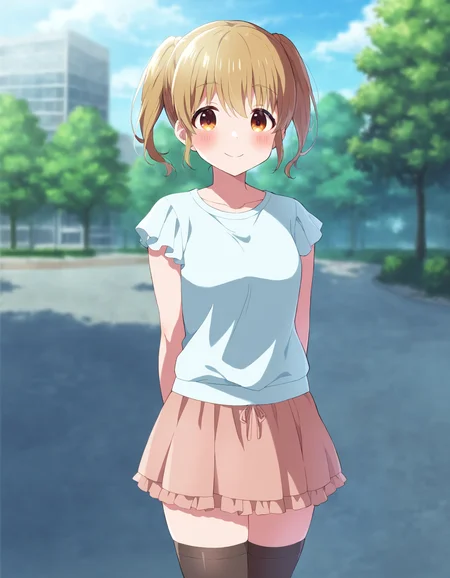 1girl, solo, cowboy shot, kawasaki sakura, idoly pride, casual, plain t-shirt, skirt, thighhighs, standing, arms behind back, looking at viewer, smile, blush, outdoors, park, day, BREAK, <lora:iSakura:0.72>,
very aesthetic, high definition, amazing quality, masterpiece, best quality, highres, absurdres, sensitive, newest, anime screenshot, screencap