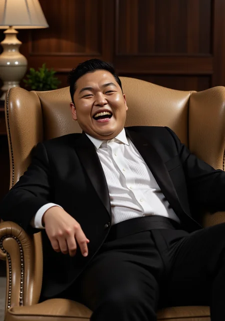 A man in a tuxedo reclining on a luxurious armchair. He is laughing hard and trying to catch his breath