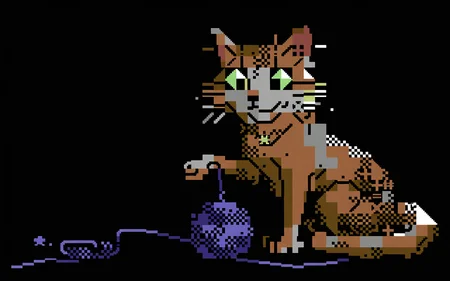 <lora:petscii:1.0> petscii, masterpiece, best quality, kenket, solo, feral, domestic cat, sitting, playing with yarn, blue yarn, black background,
