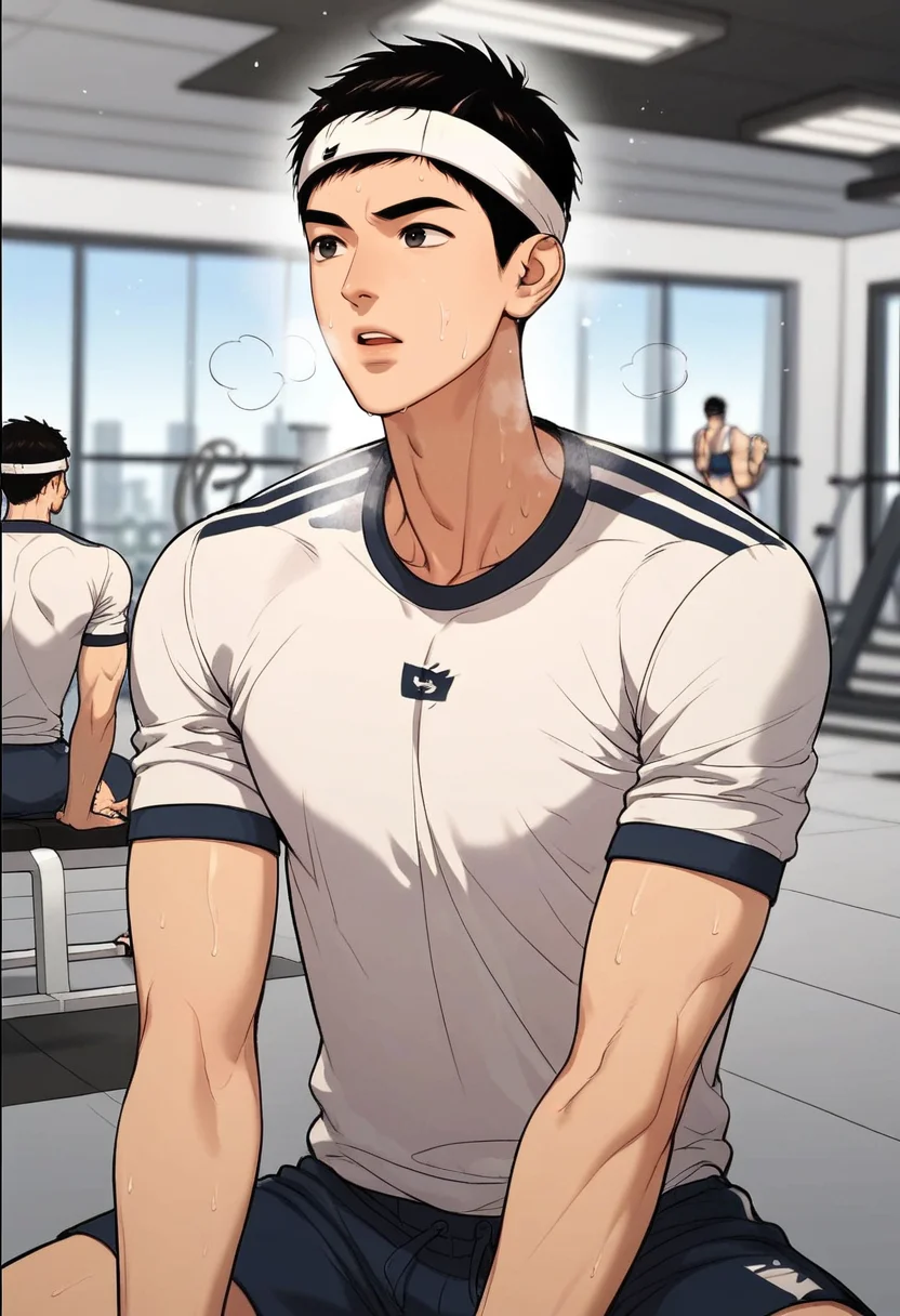 score_9,score_8_up,score_7_up,1boy,solo,male focus,yaoi,bara,male focus,fairly nsfw,uncersored,highres,best quality,amazing quality,best aesthetic,absurdres,<lora:add-detail-xl:1>,<lora:Expressive_H:1>,Expressiveh,gym_uniform,gym,cityscape,exercise,heavy breathing,parted lips,sweat,headband,stretching,<lora:YOON:0.7>,yoon,black hair,black eyes,