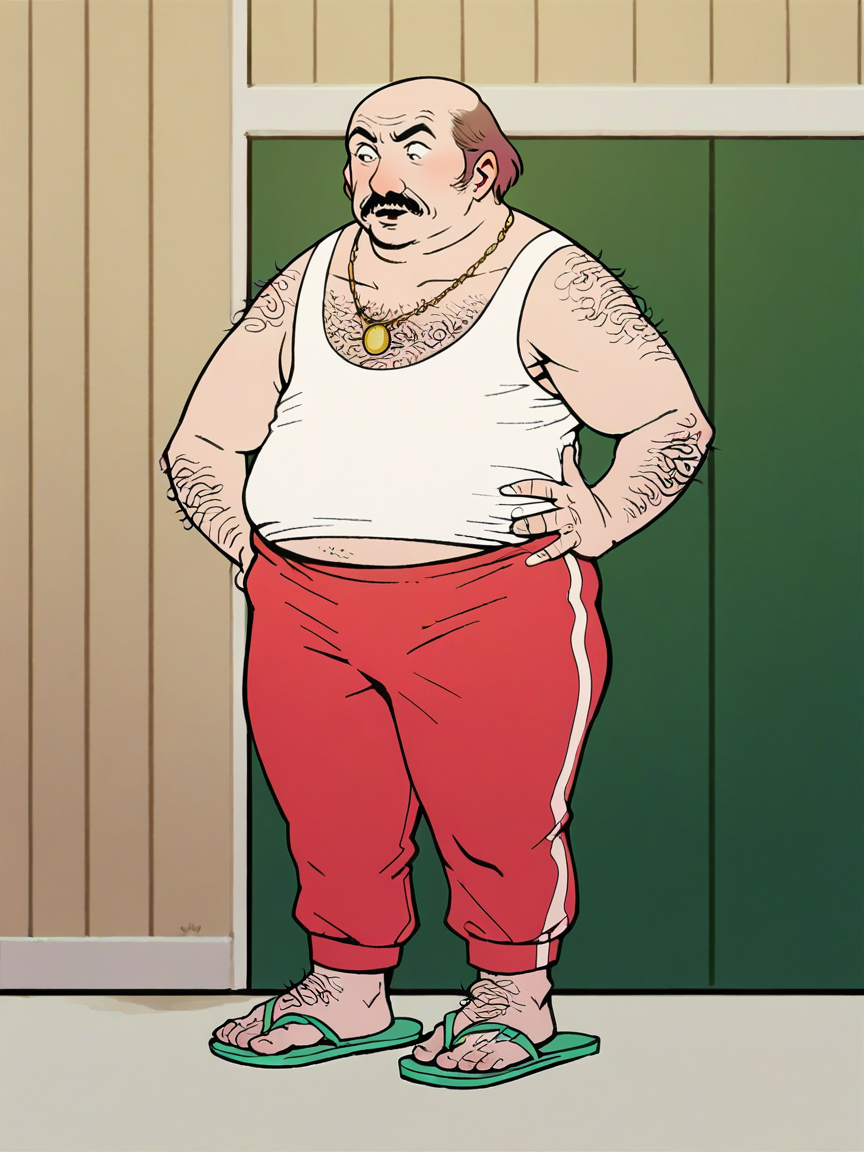 score_9, score_8_up, score_7_up, score_6_up,   <lora:athfXLP:1> (athf,:1), flat color, 1boy, fat, tank top, sandals, solo, mustache,