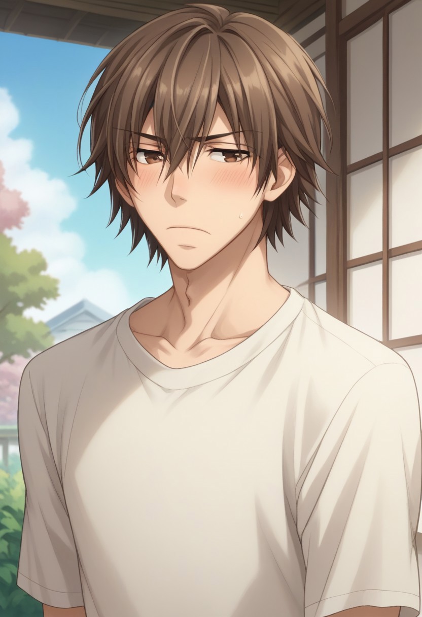 score_9, score_8_up, score_7_up, source_anime, highly detailed, 
hiroki, 1boy, male focus, solo, brown hair, blush, brown eyes, upper body, shirt,
white shirt, collarbone, indoors, closed mouth, hair between eyes, looking away,
outdoor, sky, cherry tree, japan,