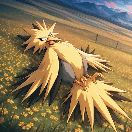 ((vibrant, detailed, detailed background, amazing quality, colorful, masterpiece, 8k, rtx)), beutiful background,
<lora:zapdos-illus-14:1> pzapb, pokemon (creature), bird, 1other, on back, dynamic angle, outdoors, arms at side, other focus,