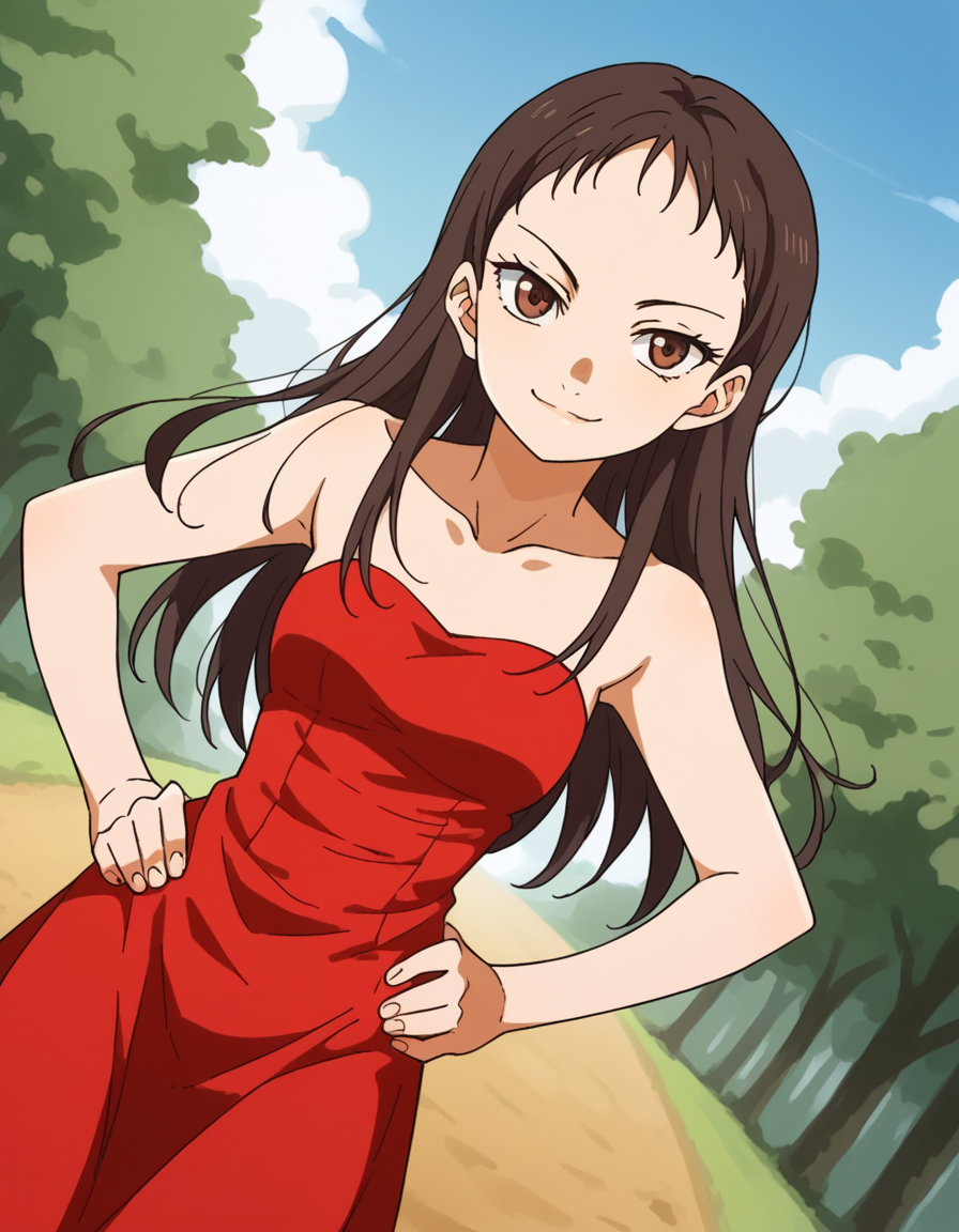 score_9, score_8_up, score_7_up, source_anime, <lora:emi-igawa-s1-ponyxl-lora-nochekaiser:1>,, emi igawa, long hair, brown eyes,, dress, red dress, collarbone, bare shoulders,, bike ride, countryside, dirt road, trees, afternoon sun, peaceful, alone, , looking at viewer, smug, hands on hips,, solo,, cowboy shot, dutch angle