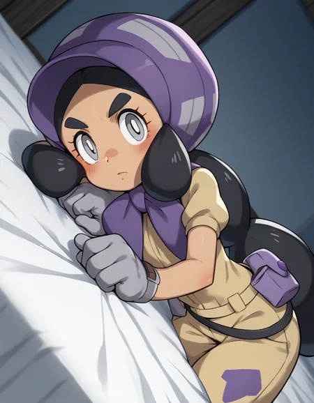 score_9, score_8_up, score_7_up, source_anime,
pokemonhapu, <lora:pokemon-hapu-ponyxl-lora-nochekaiser:1>,
hapu, long hair, black hair, twintails, dark skin, dark-skinned female, grey eyes, thick eyebrows, bright pupils, white pupils,
gloves, short sleeves, belt, black belt, purple headwear, bonnet, grey gloves, jumpsuit,
indoors, bed, bed room, on side, blush, drunk,
looking at viewer, solo, cowboy shot, dutch angle,