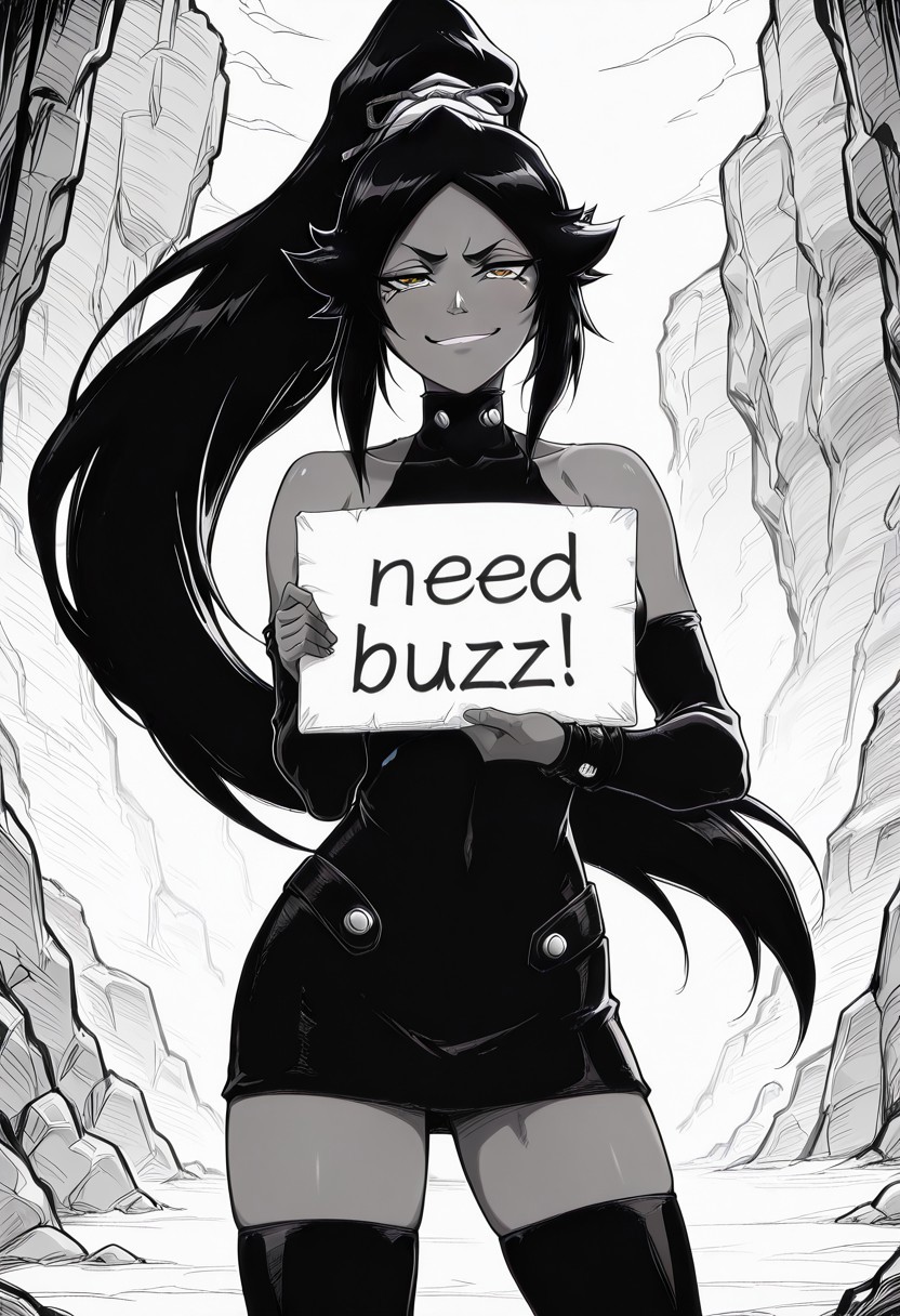 masterpiece, best quality, amazing quality, high quality, masterpiece, 8k, source anime, 
yoruichi shihouin, long hair, black hair, ponytail, dark skin, dark-skinned female, high ponytail, yellow eyes, mature female, breasts, anime screencap,
dress, thighhighs, black thighhighs, detached sleeves, zettai ryouiki, looking at viewer, smug, 
monochrome, black and white,
need_buzz, holding sign that says "need buzz"
canyon background,