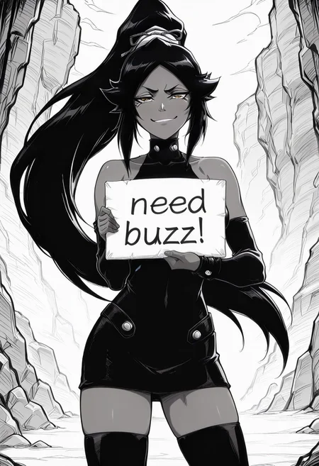 masterpiece, best quality, amazing quality, high quality, masterpiece, 8k, source anime, 
yoruichi shihouin, long hair, black hair, ponytail, dark skin, dark-skinned female, high ponytail, yellow eyes, mature female, breasts, anime screencap,
dress, thighhighs, black thighhighs, detached sleeves, zettai ryouiki, looking at viewer, smug, 
monochrome, black and white,
need_buzz, holding sign that says "need buzz"
canyon background,