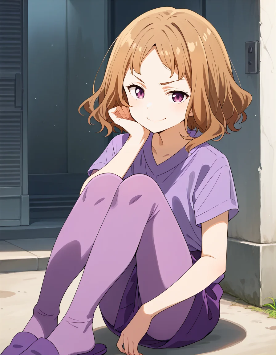 score_9, score_8_up, score_7_up, score_6_up, souce_anime, BREAK masterpiece:0.8, best quality,high quality:0.5, very aesthetic, absurdres, 1girl, upper body, amanatsu sensei, brown hair, purple eyes, short hair, parted bangs, purple shirt, short sleeves, purple skirt, purple pantyhose, purple slippers <lora:amanatsu_sensei_ponyDiffusionV6XL_Lion_:1>, smirk, fang,