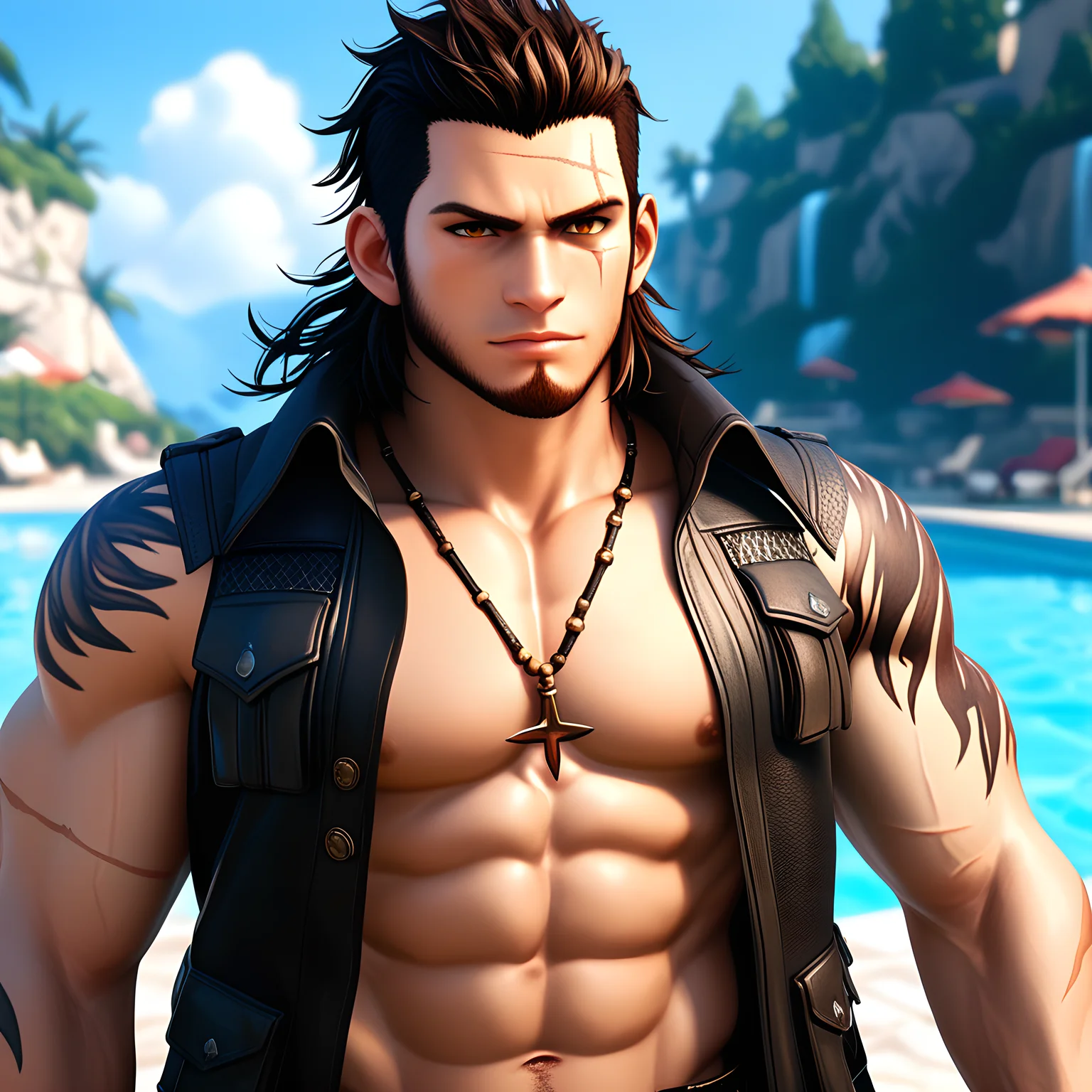 score_9, score_8_up, score_7_up, score_6_up, score_5_up, score_4_up, 1boy, male focus, <lora:gladiolus_amicitia:0.8>, gladiolus_amicitia, facial hair, scar, tattoo, scar on face, beard, pectorals, muscular, abs, scar across eye, scar on cheek, necklace, lots of details, best aesthetic, masterpiece, best quality, absurdres